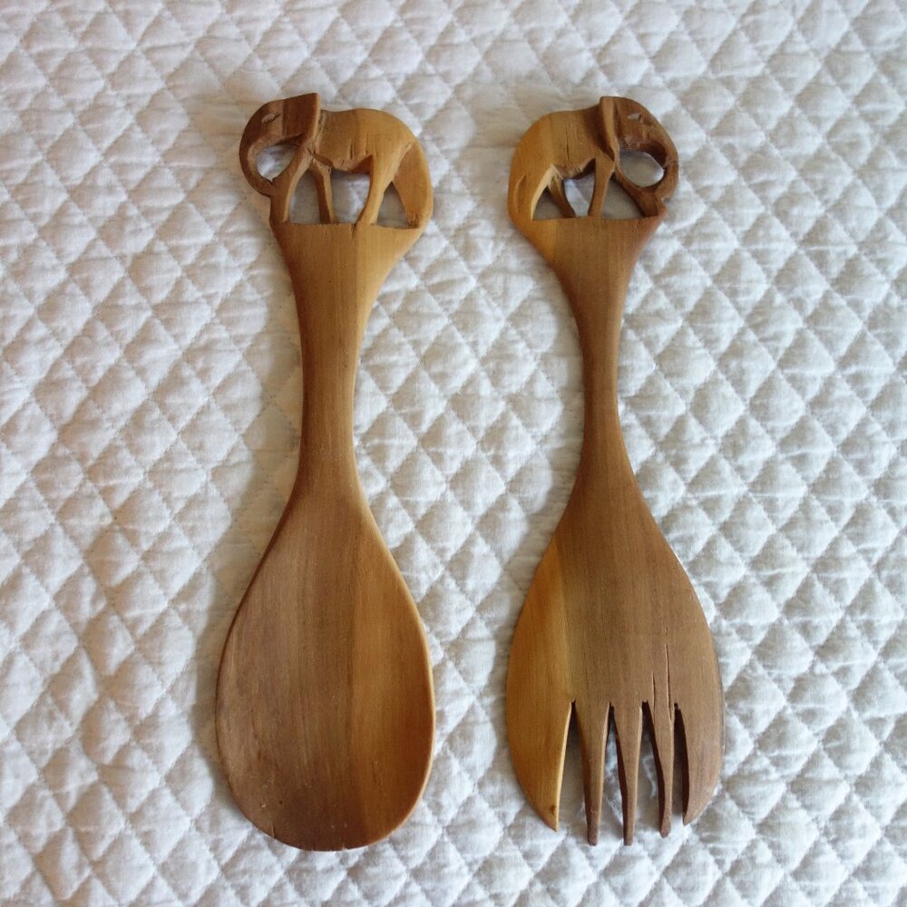 Hand Carved Elephant Salad Fork and Spoon